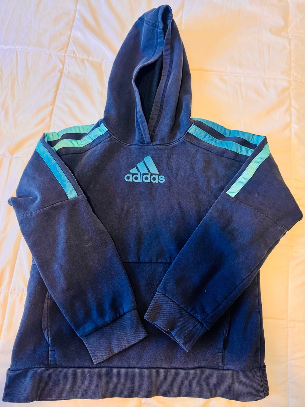 Kids Adidas Navy Hoodie with Teal Accents-Size Large (14/16)